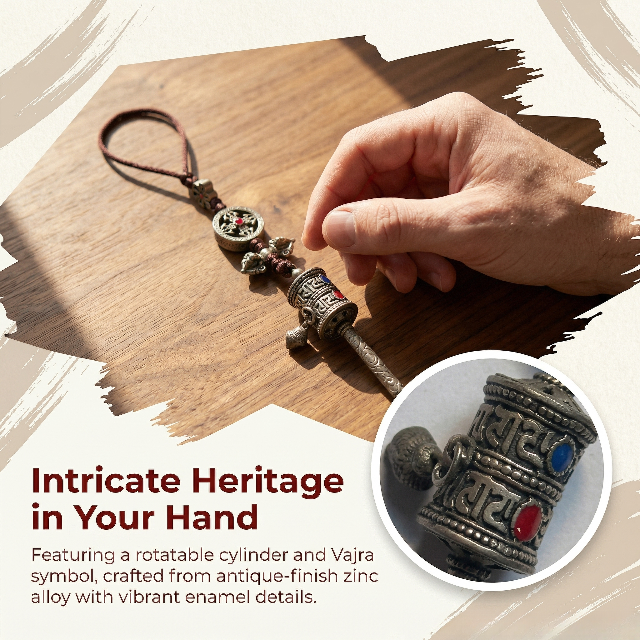 Mivera Tibetan Handcrafted Prayer Wheel Pendant with Bell
