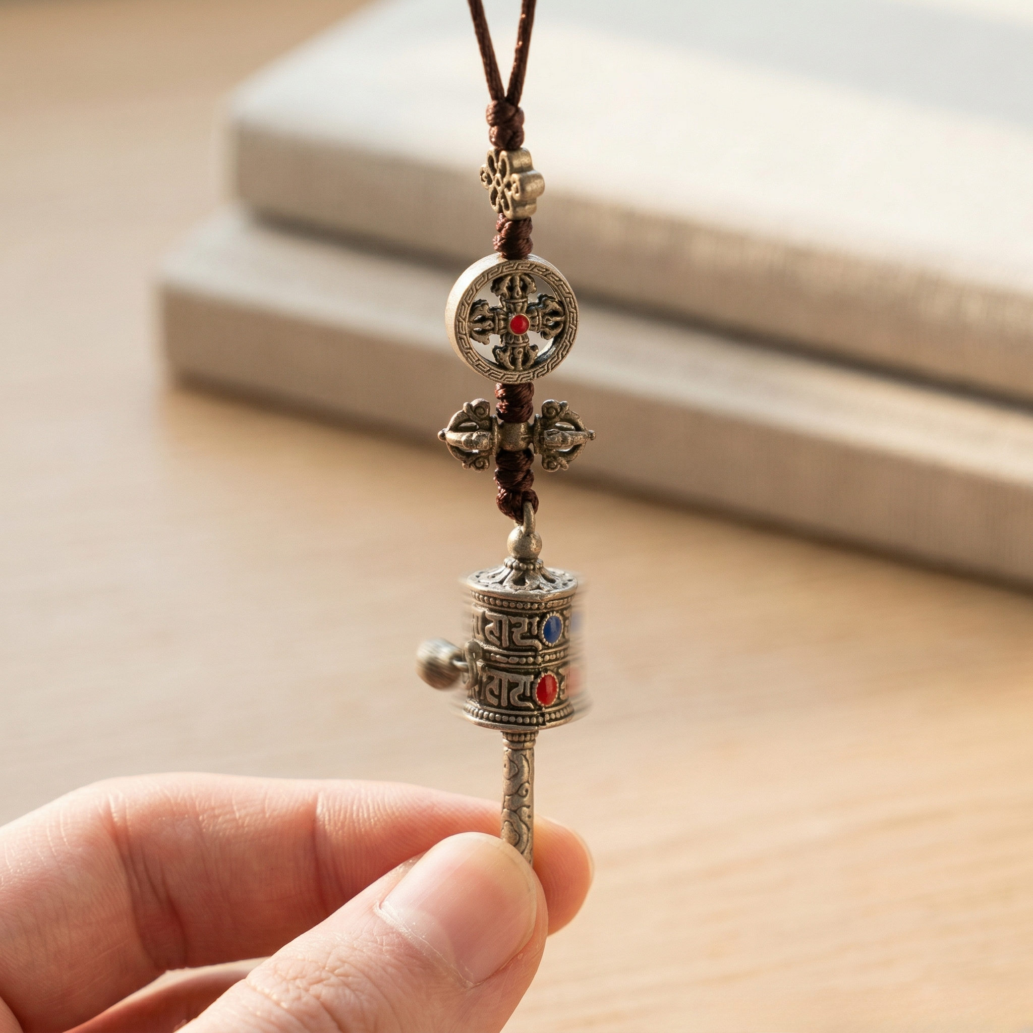 Mivera Tibetan Handcrafted Prayer Wheel Pendant with Bell